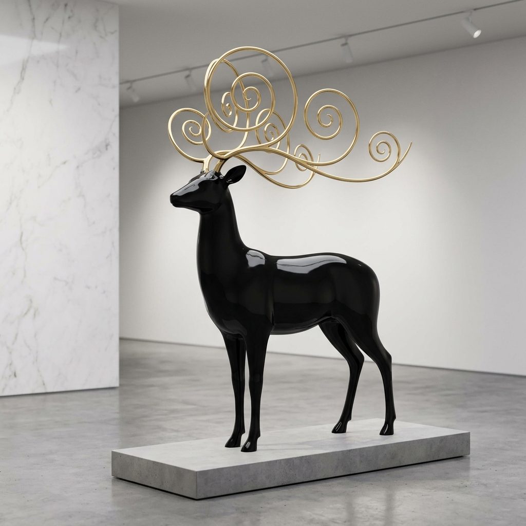 Le Cerf, sculpture en résine noir brillant dont les bois sont façonnés en volutes de feuille d'or