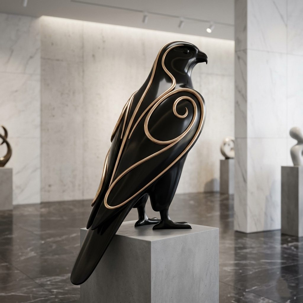 Le Faucon, sculpture en résine noir brillant dont l'aile est parcourue de volutes de feuille d'or