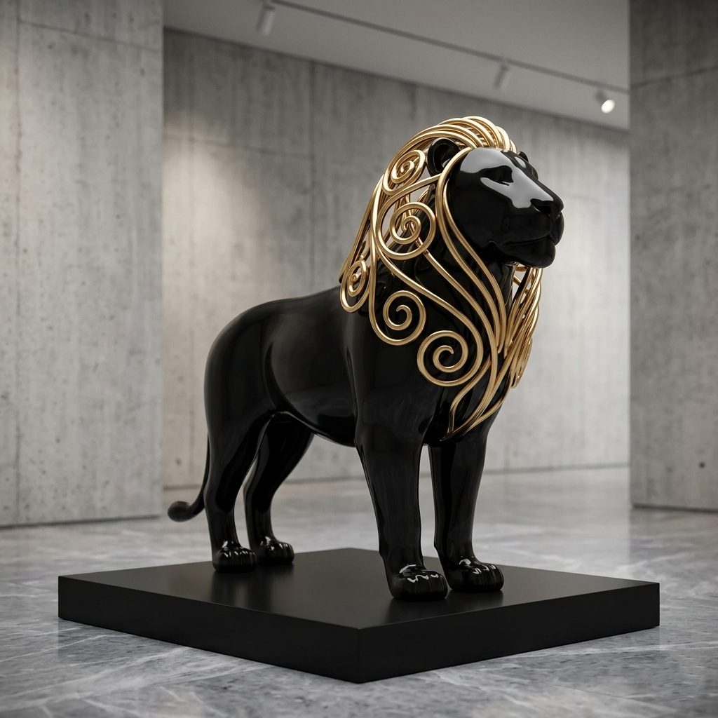 Le Lion, sculpture en résine noir brillant dont la crinière est façonnée en volutes de feuille d'or