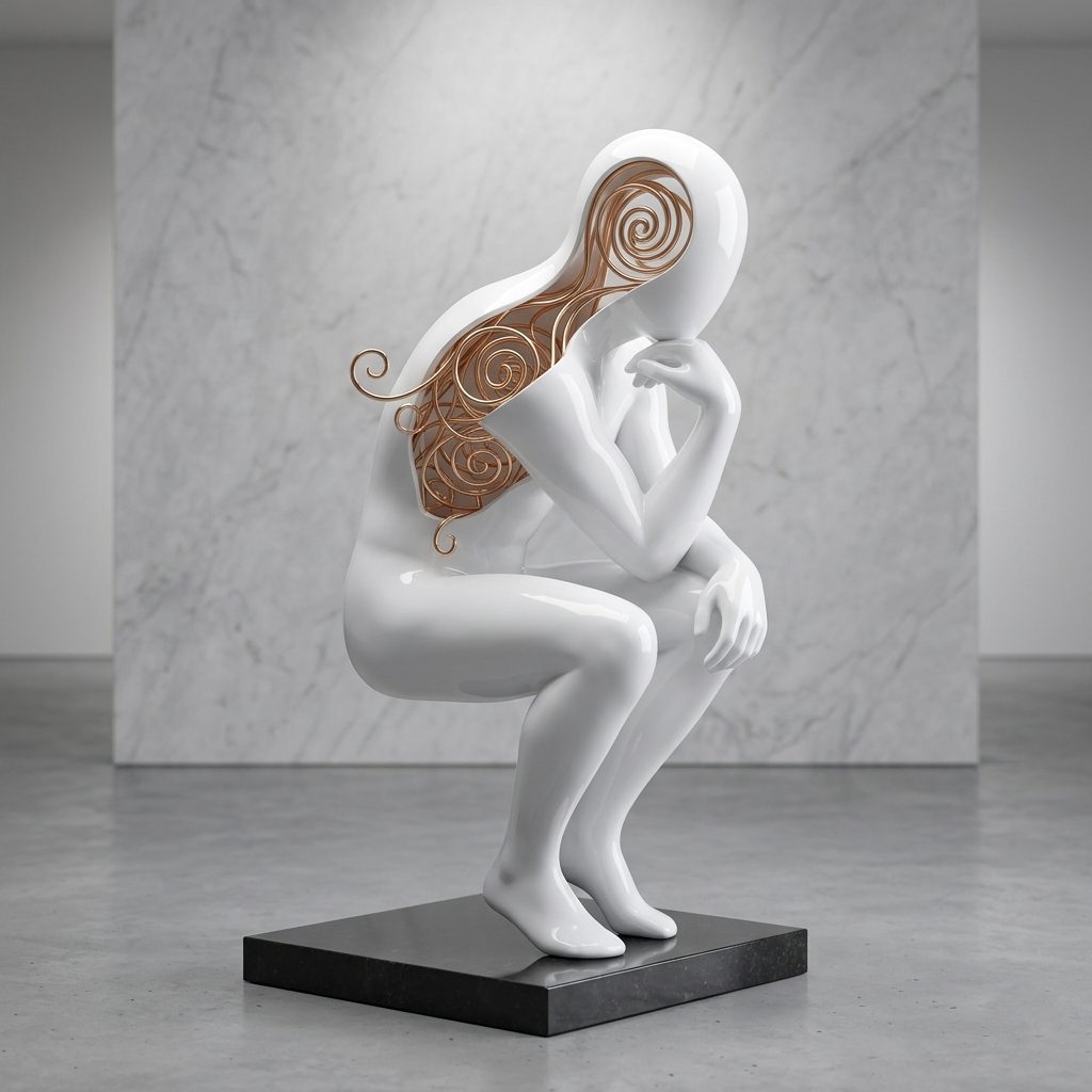 La Penseuse, sculpture en résine blanc brillant traversée intérieurement de volutes de feuille d'or